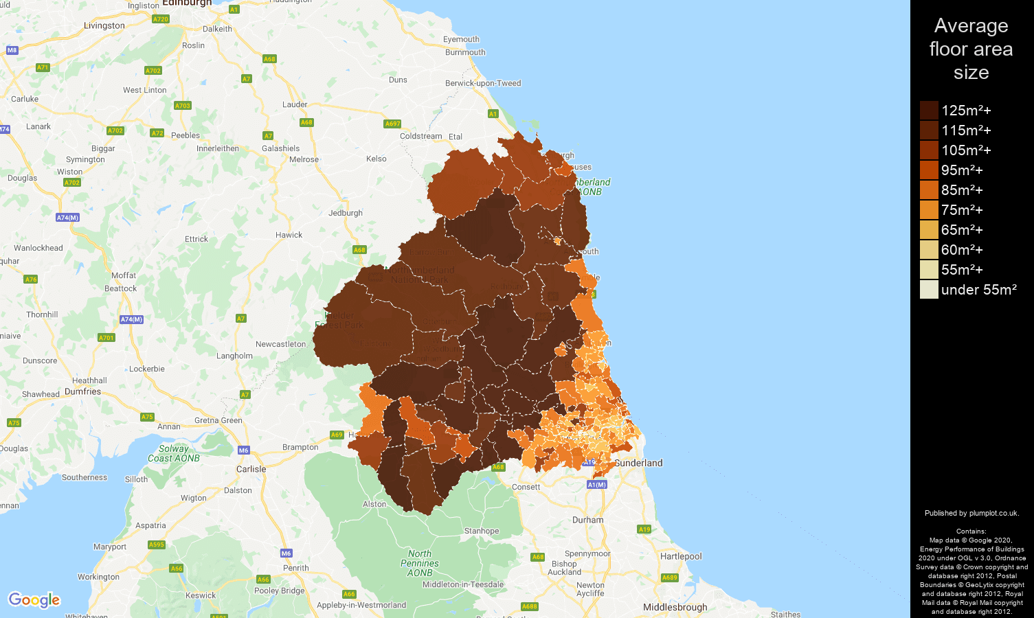 Newcastle upon Tyne map of average floor area size of properties