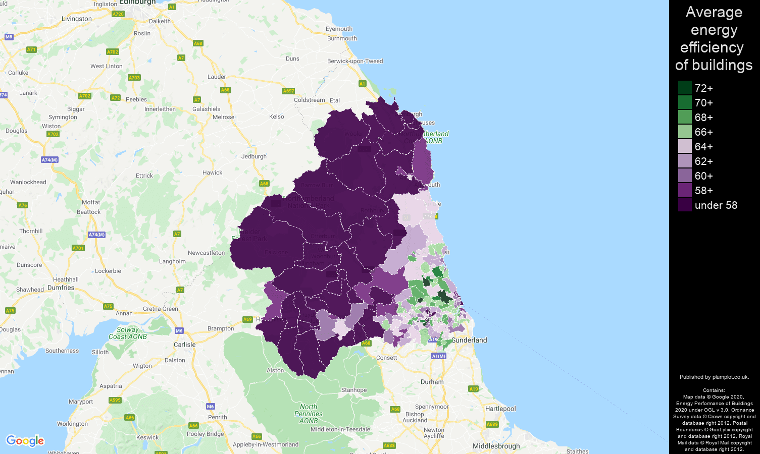 Newcastle upon Tyne map of energy efficiency of houses
