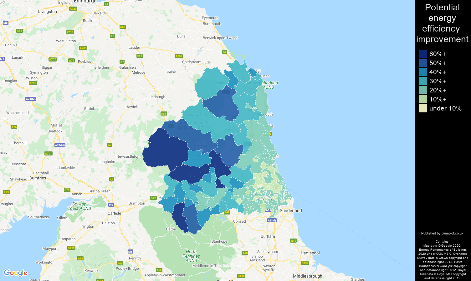 Newcastle upon Tyne map of potential energy efficiency improvement of houses
