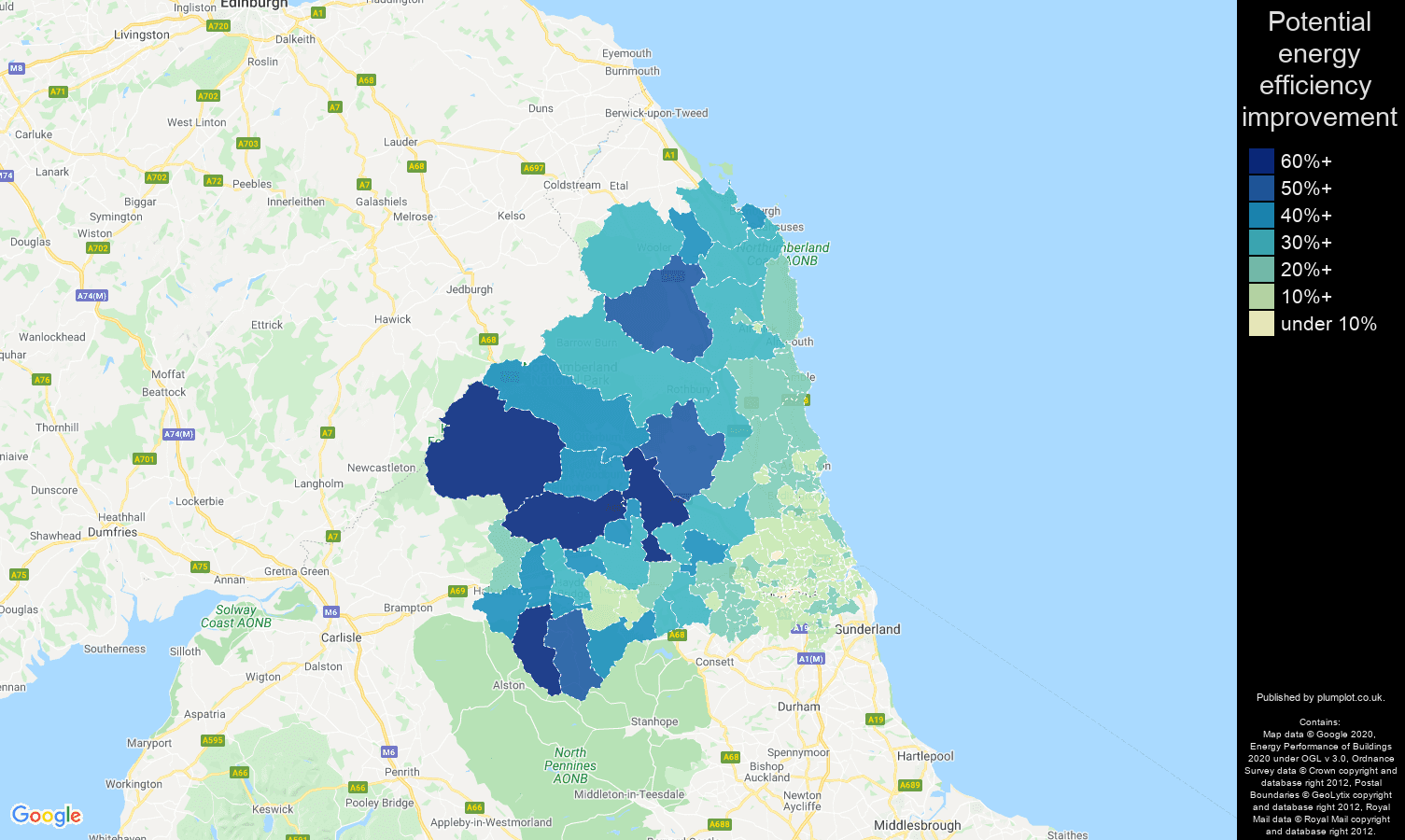 Newcastle upon Tyne map of potential energy efficiency improvement of properties