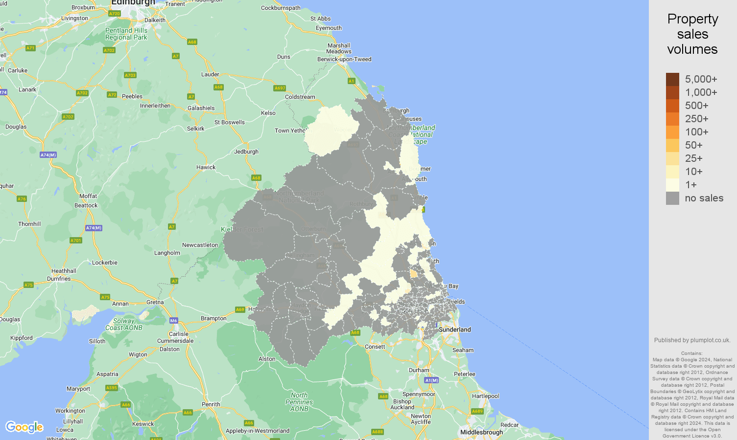 Newcastle upon Tyne map of sales of new properties