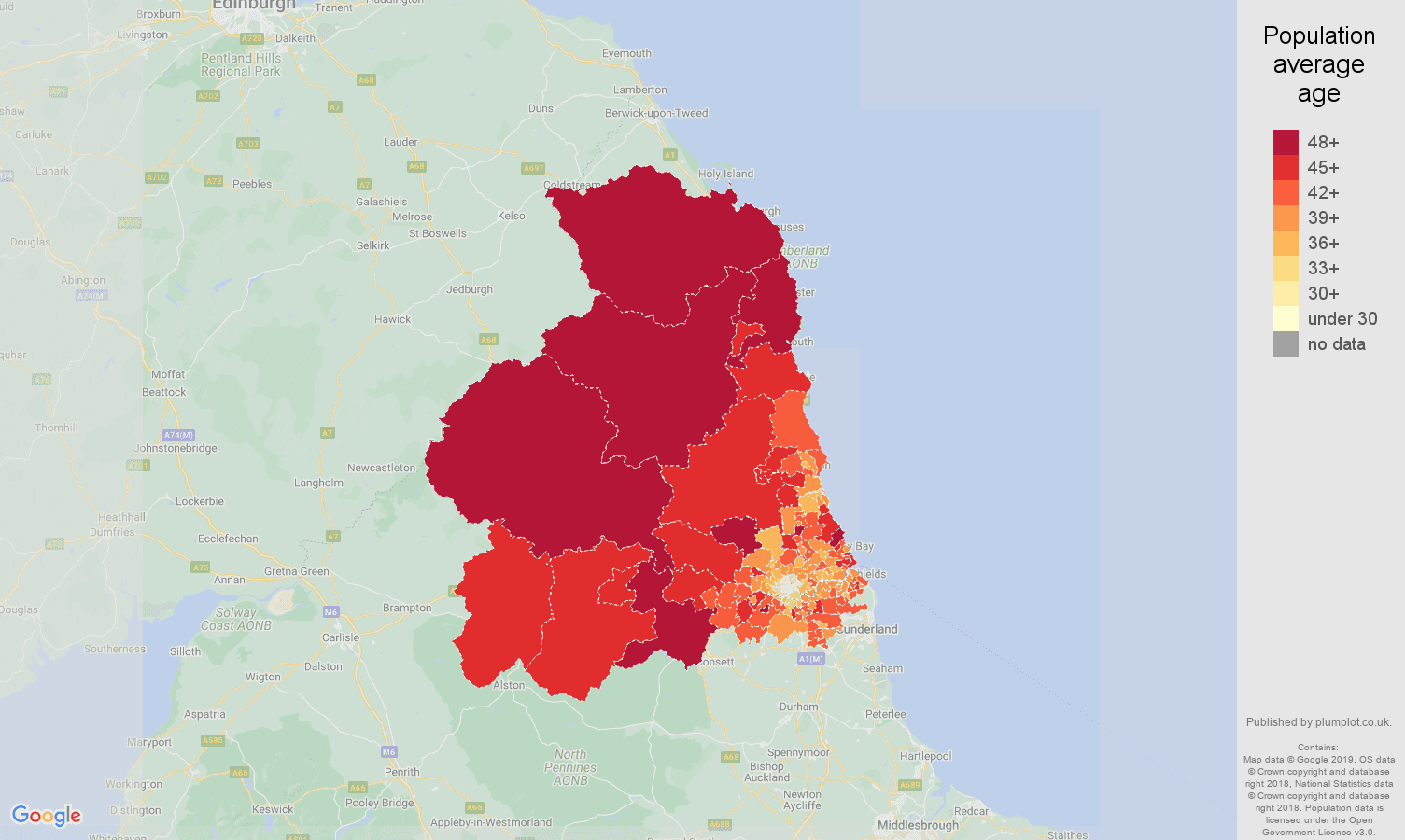 Newcastle upon Tyne population average age map