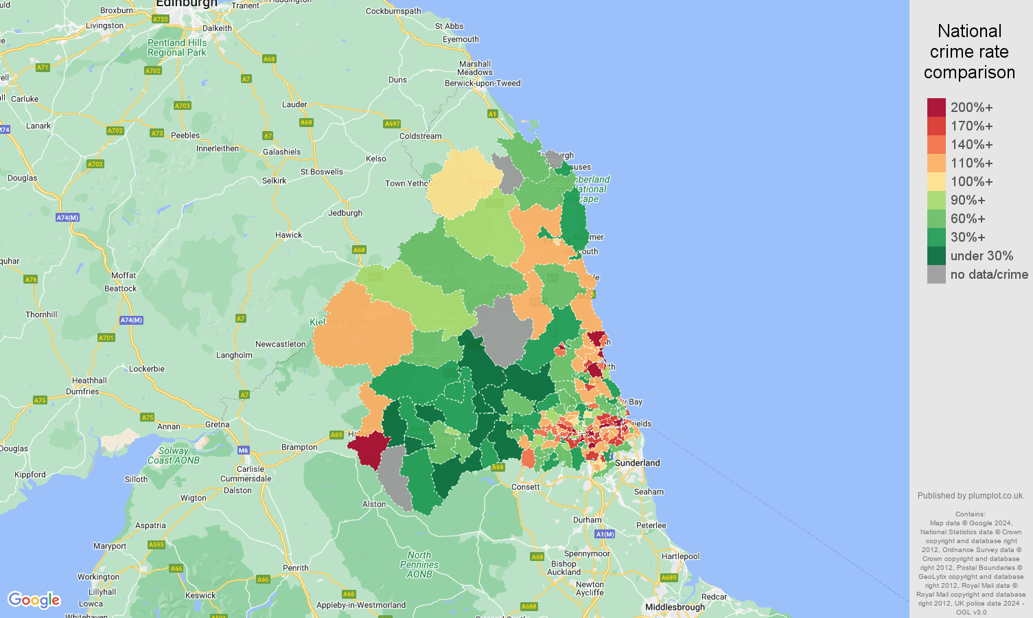 Newcastle upon Tyne public order crime rate comparison map