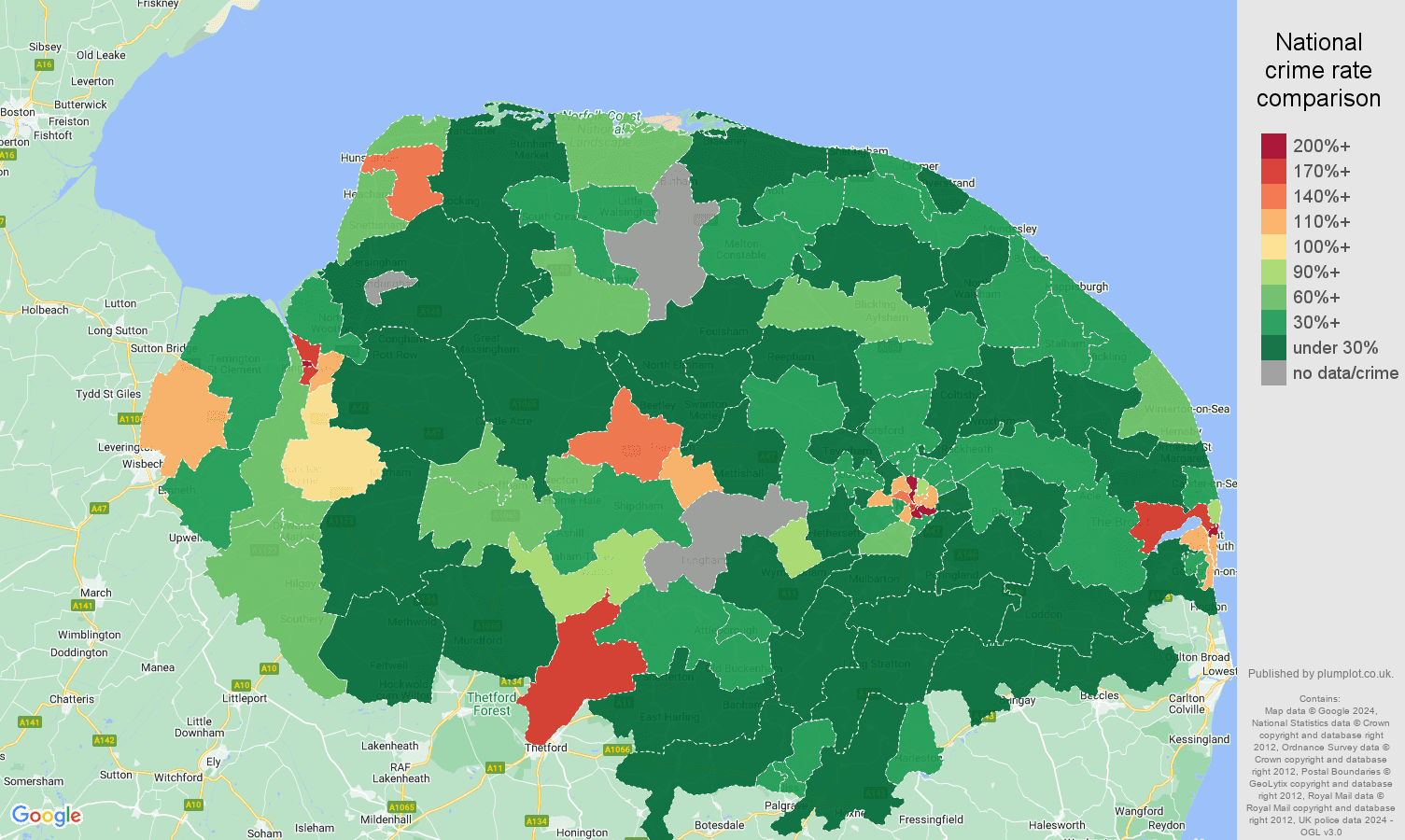 Norfolk drugs crime rate comparison map