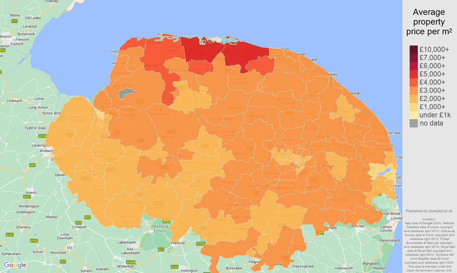 Norfolk house prices per square metre map