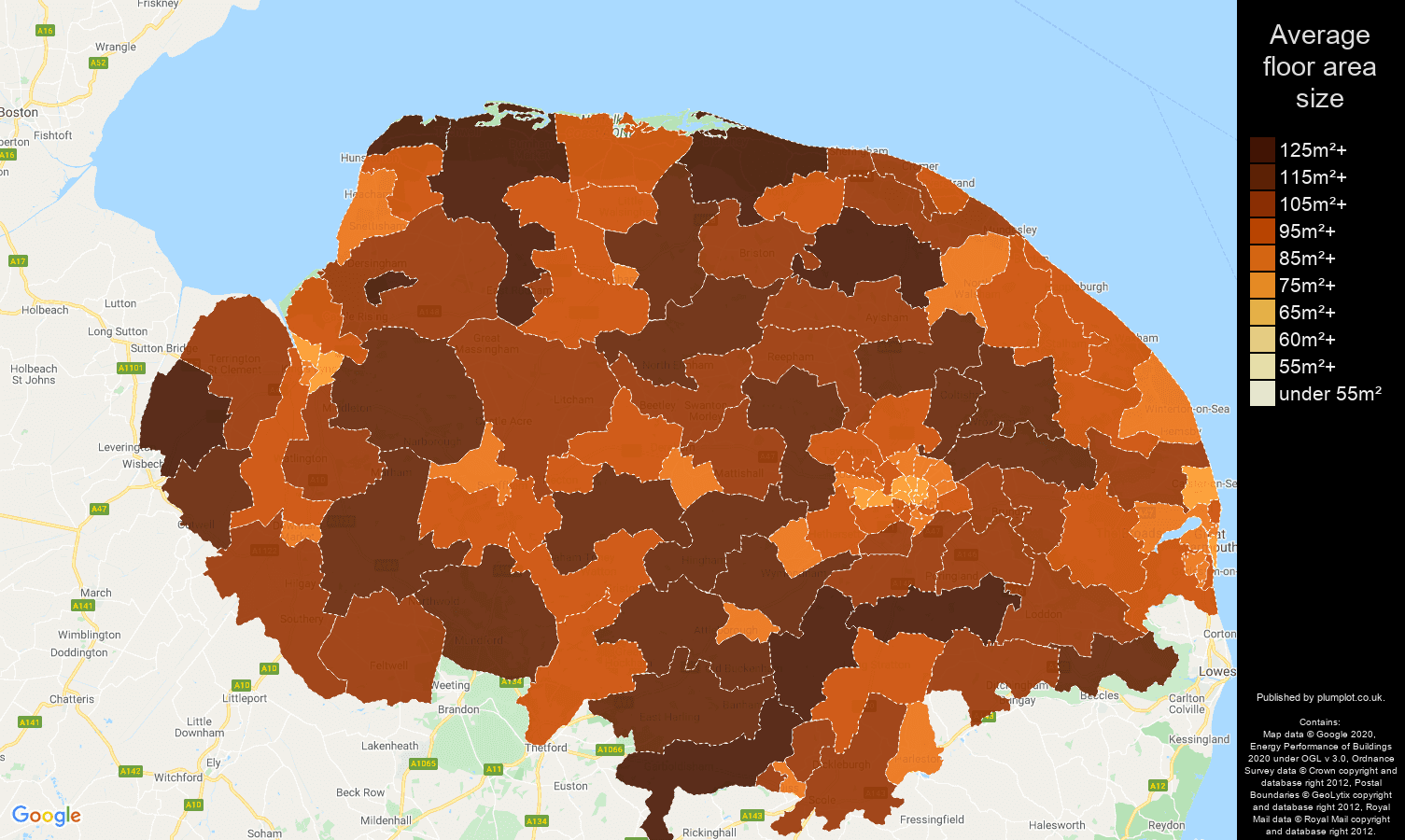 Norfolk map of average floor area size of houses