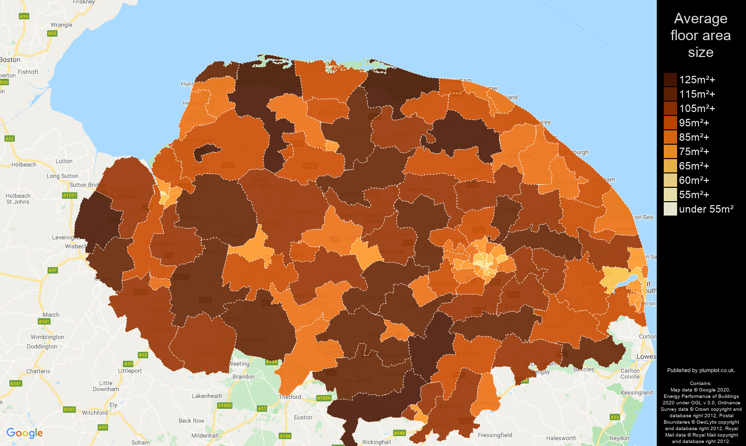 Norfolk map of average floor area size of properties