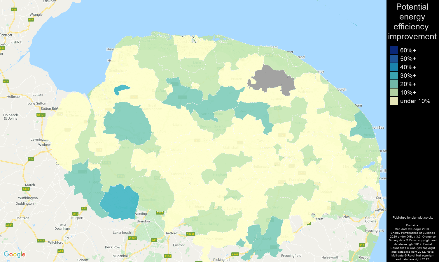 Norfolk map of potential energy efficiency improvement of flats