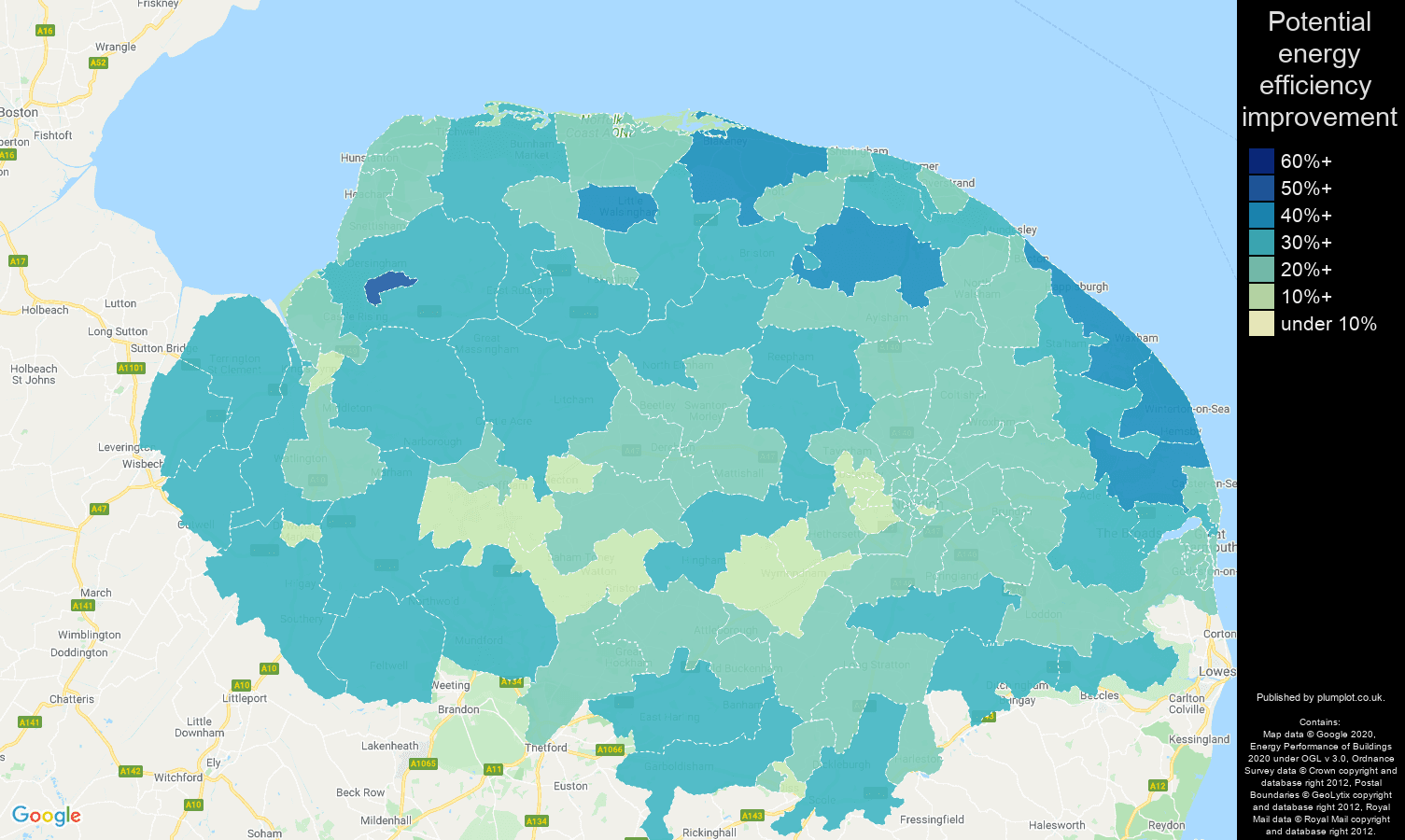 Norfolk map of potential energy efficiency improvement of houses