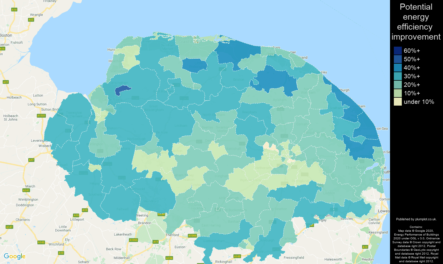 Norfolk map of potential energy efficiency improvement of properties