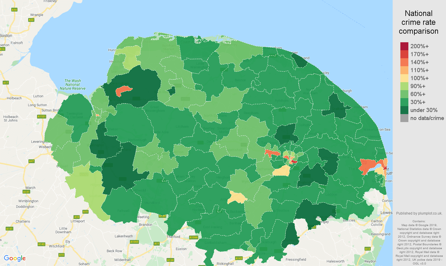 Norfolk other theft crime rate comparison map