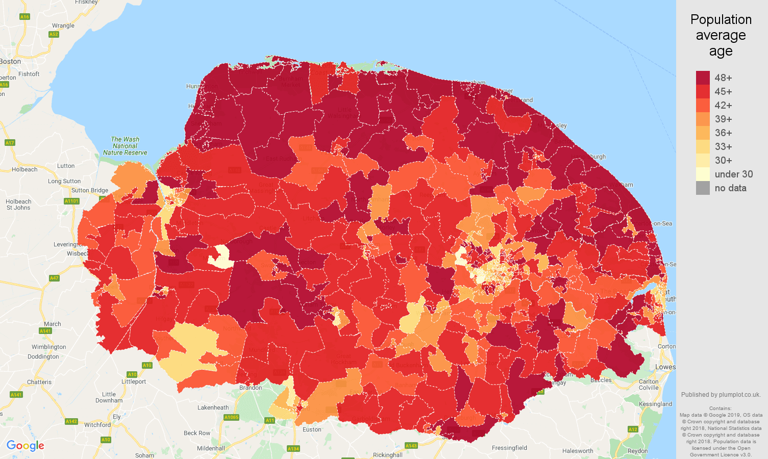 Norfolk population average age map