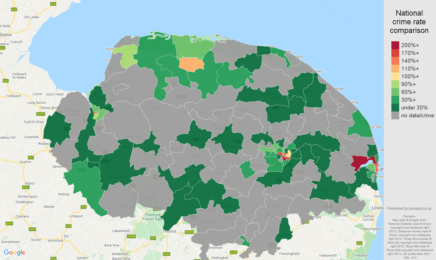 Norfolk theft from the person crime rate comparison map