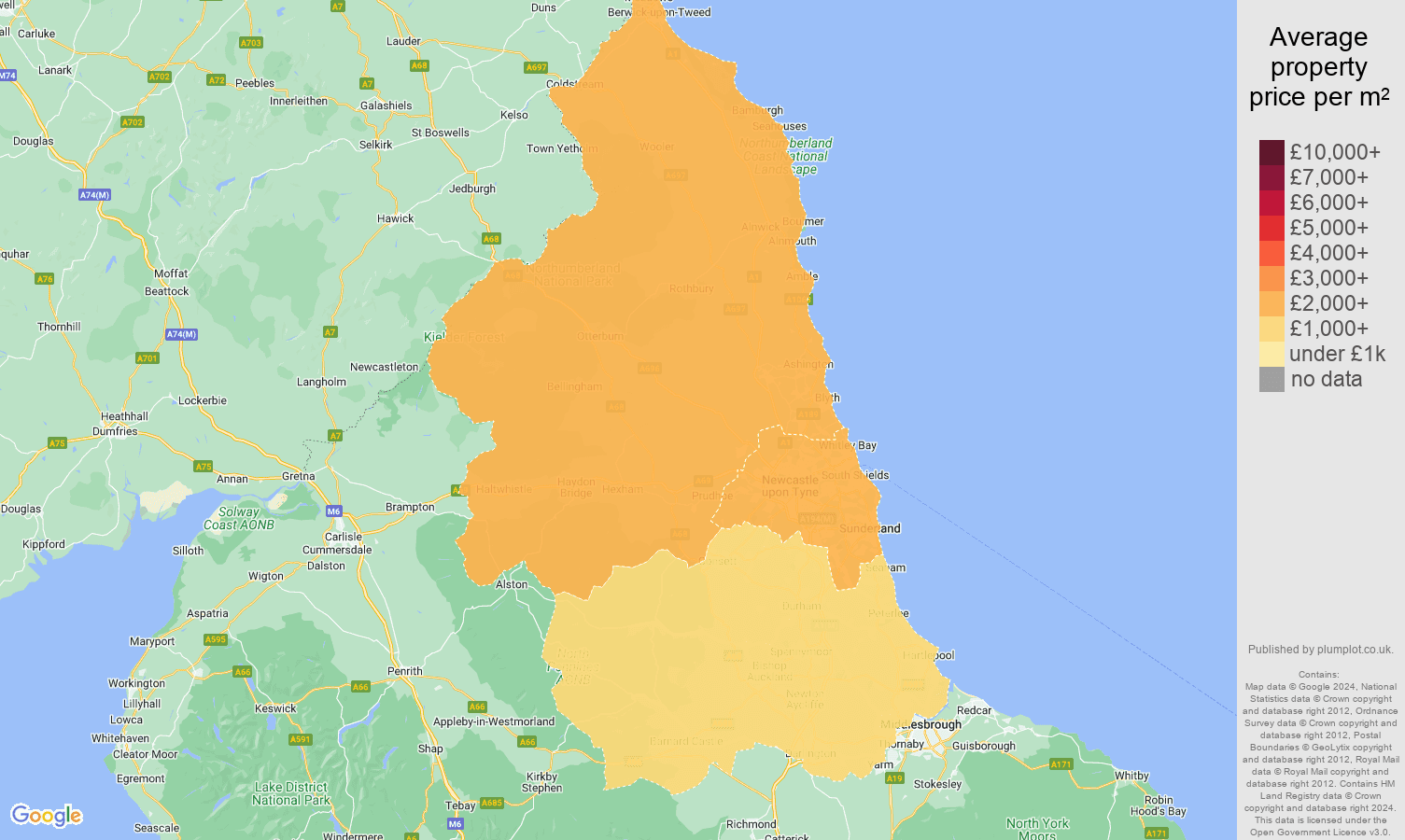 North East house prices per square metre map