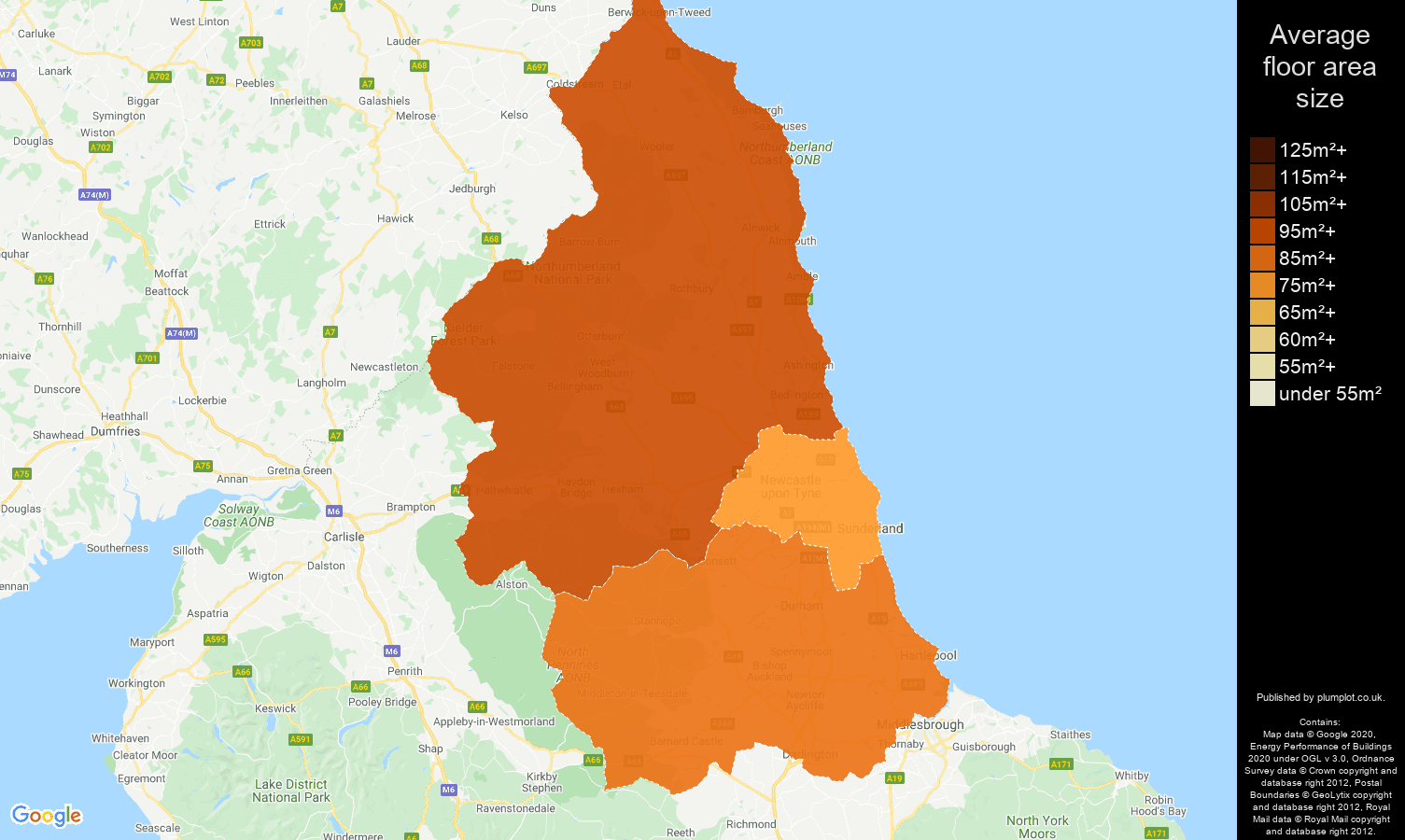 North East map of average floor area size of properties