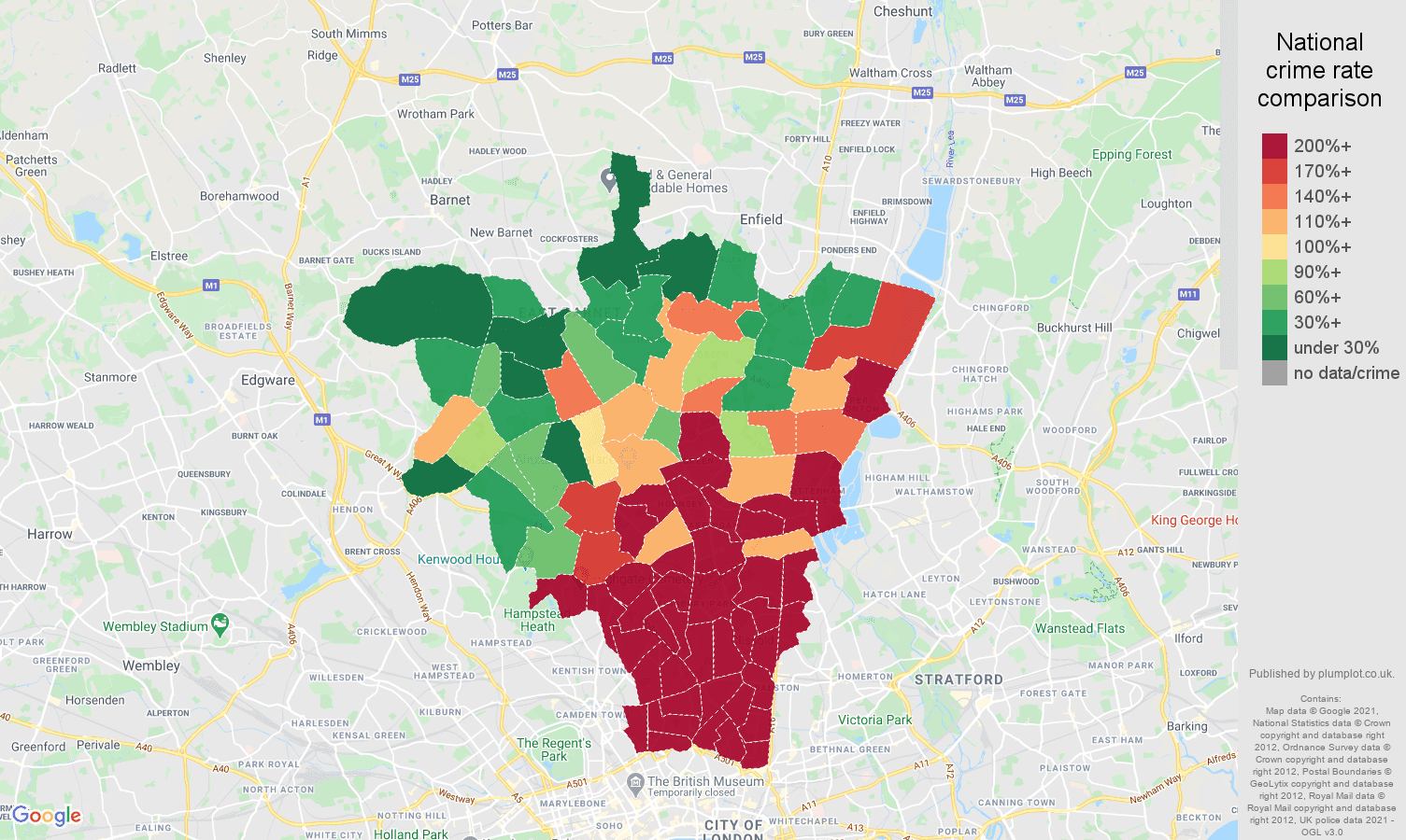 North London bicycle theft crime rate comparison map