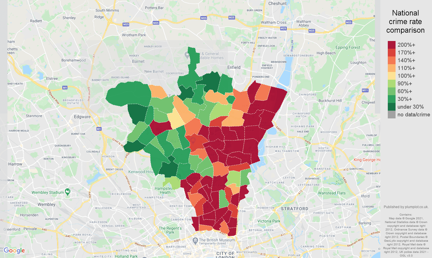 North London drugs crime rate comparison map