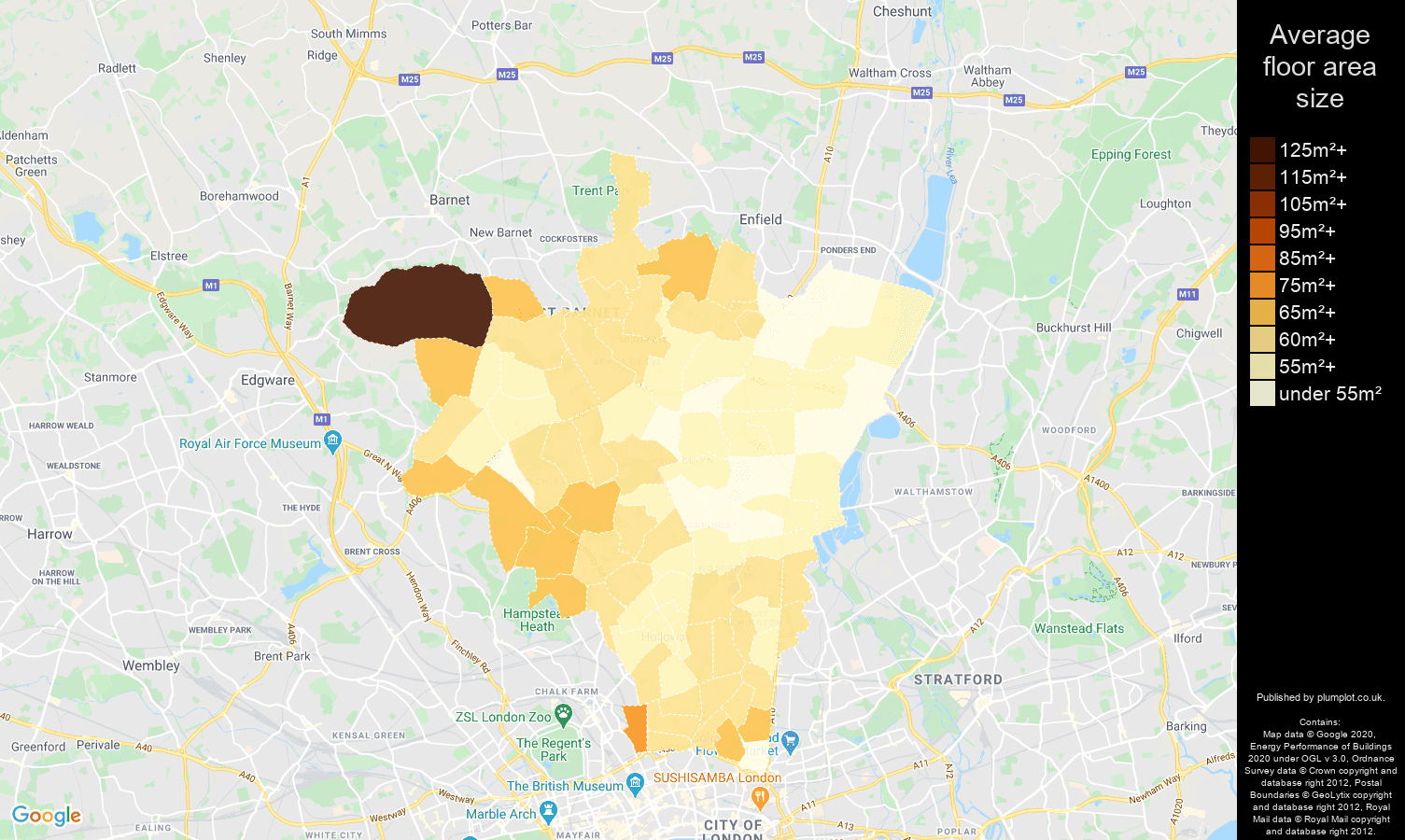 North London map of average floor area size of flats