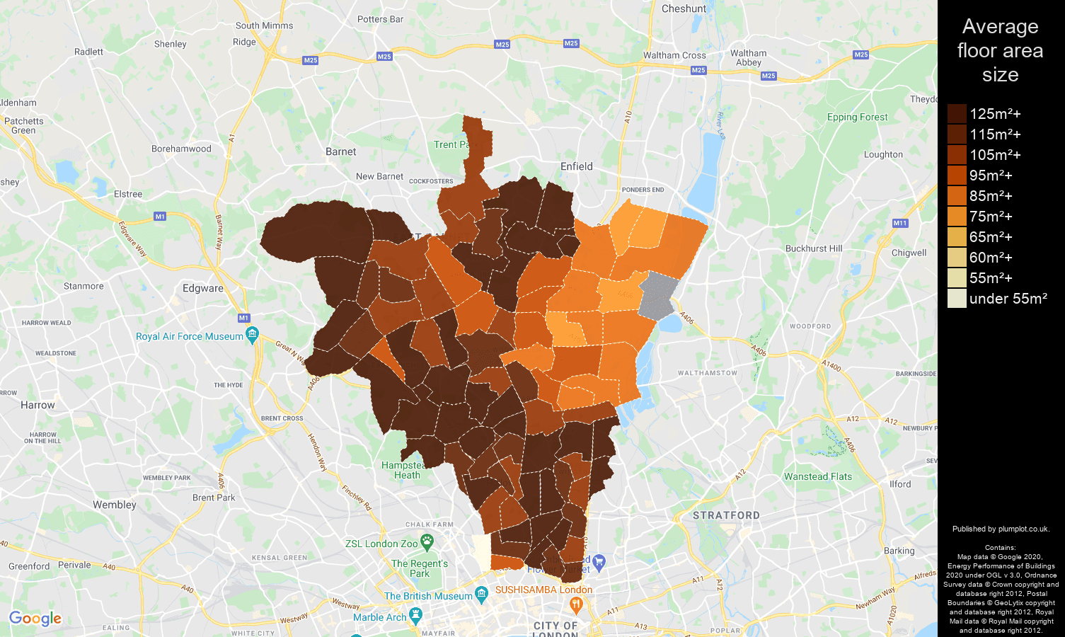 North London map of average floor area size of houses