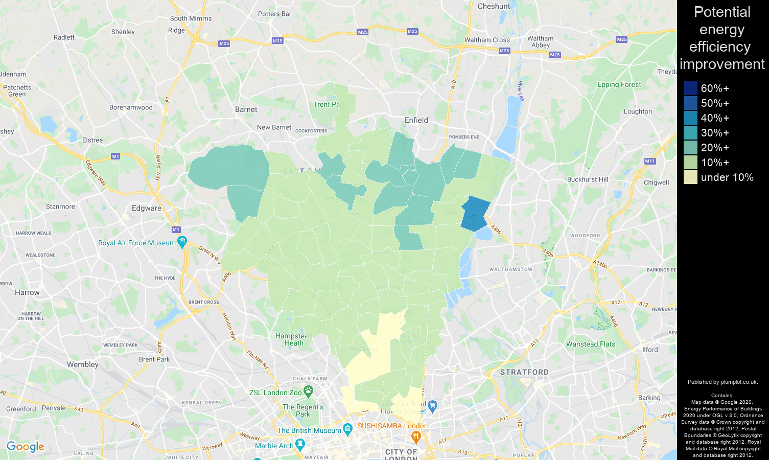 North London map of potential energy efficiency improvement of properties