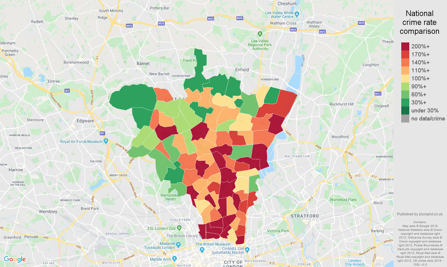 North London other theft crime rate comparison map