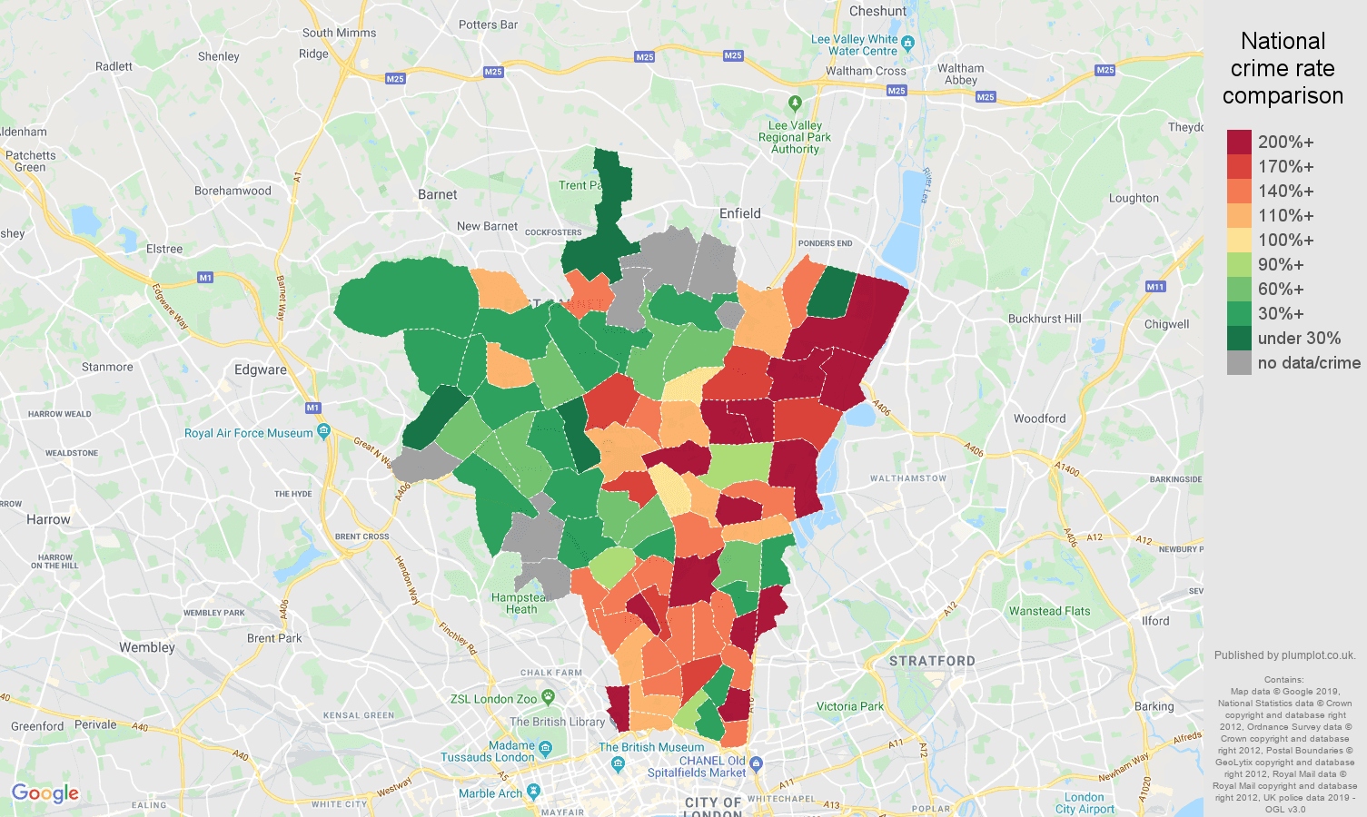 North London possession of weapons crime rate comparison map
