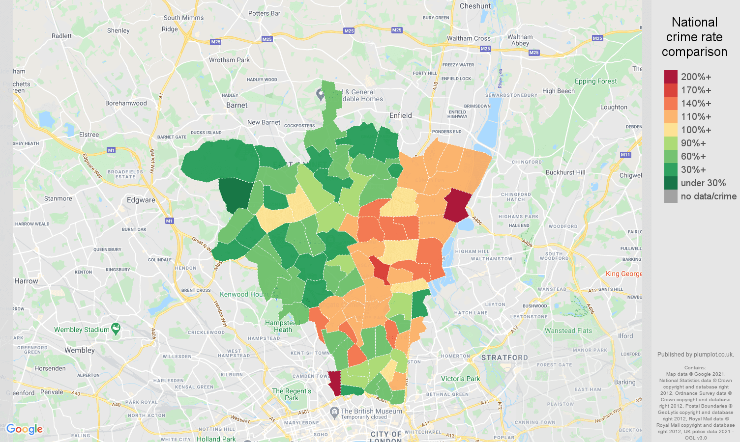 North London violent crime rate comparison map