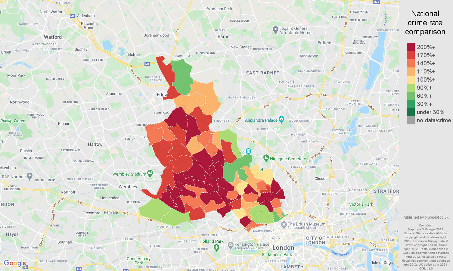 North West London antisocial behaviour crime rate comparison map