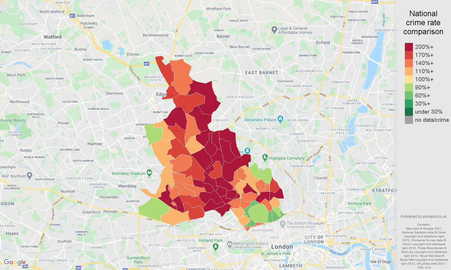 North West London burglary crime rate comparison map