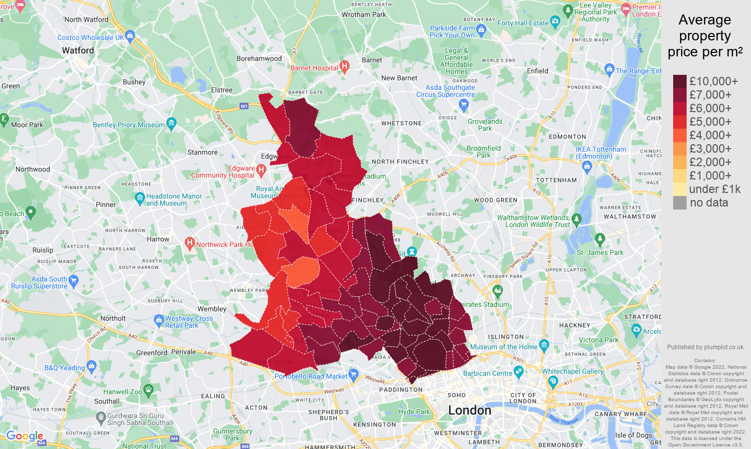 North West London house prices per square metre map