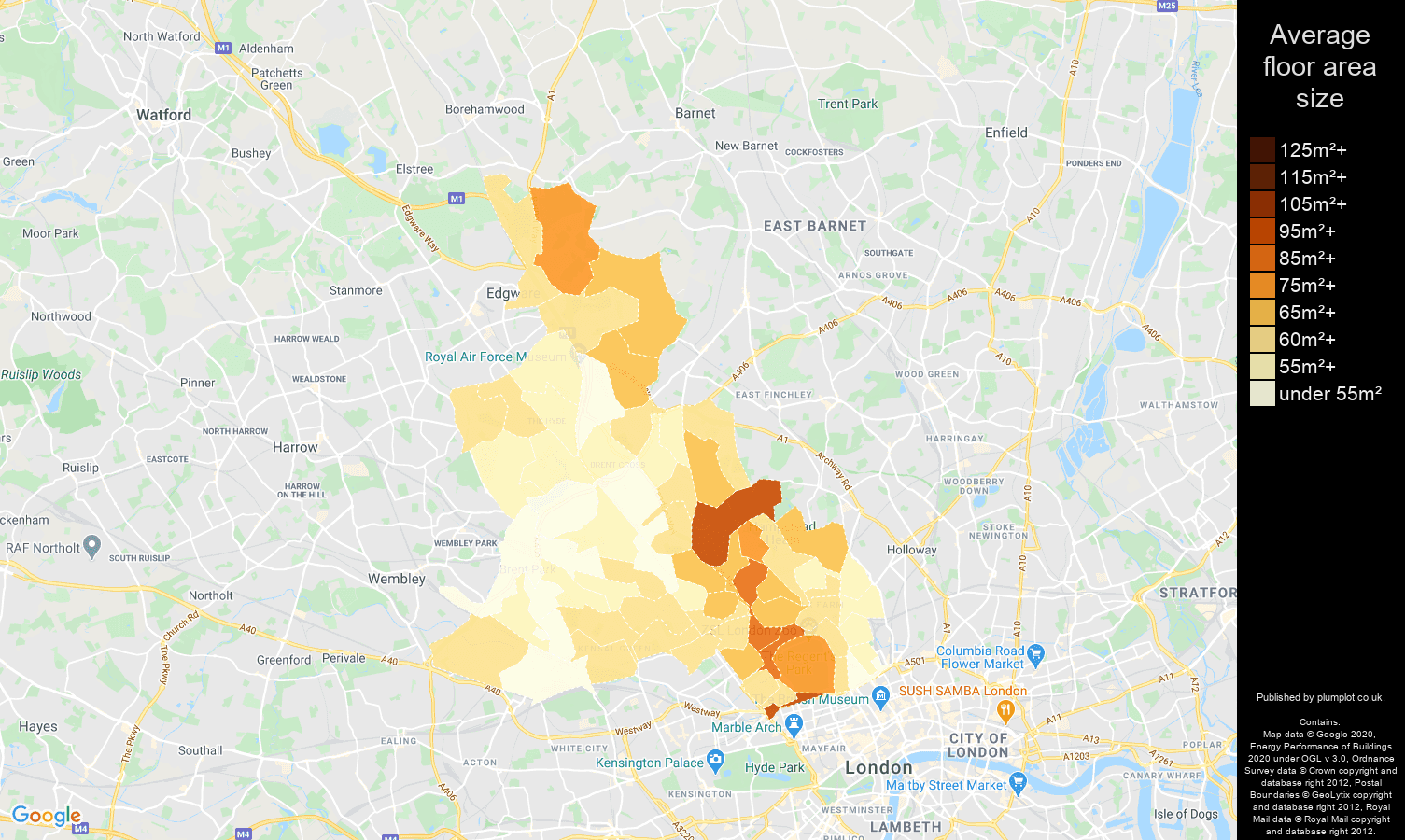North West London map of average floor area size of flats