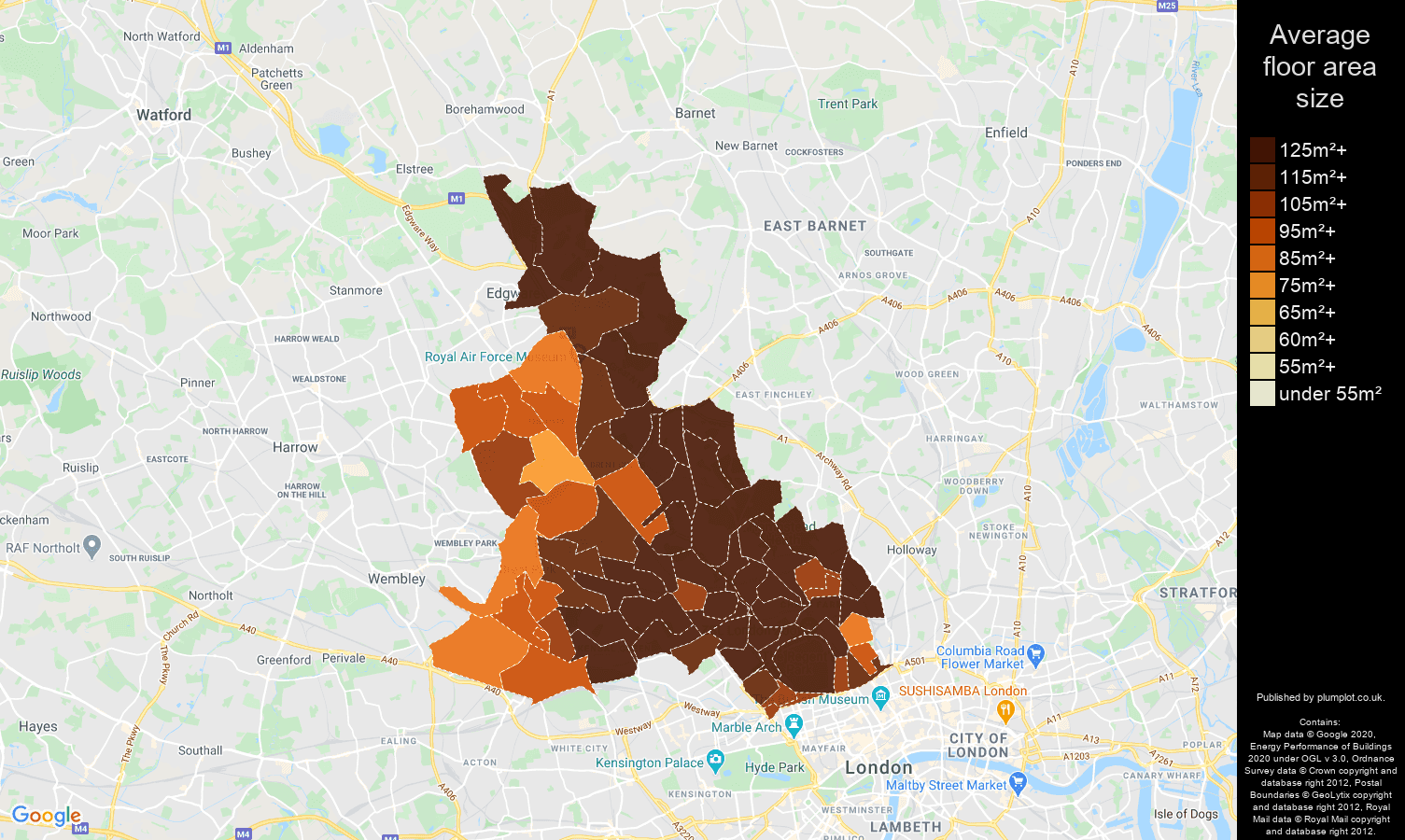 North West London map of average floor area size of houses