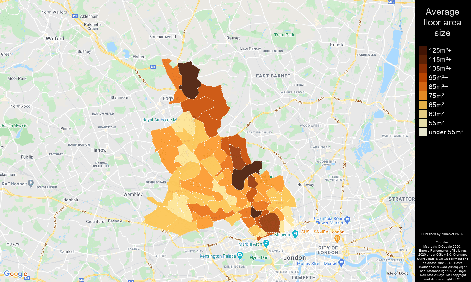 North West London map of average floor area size of properties