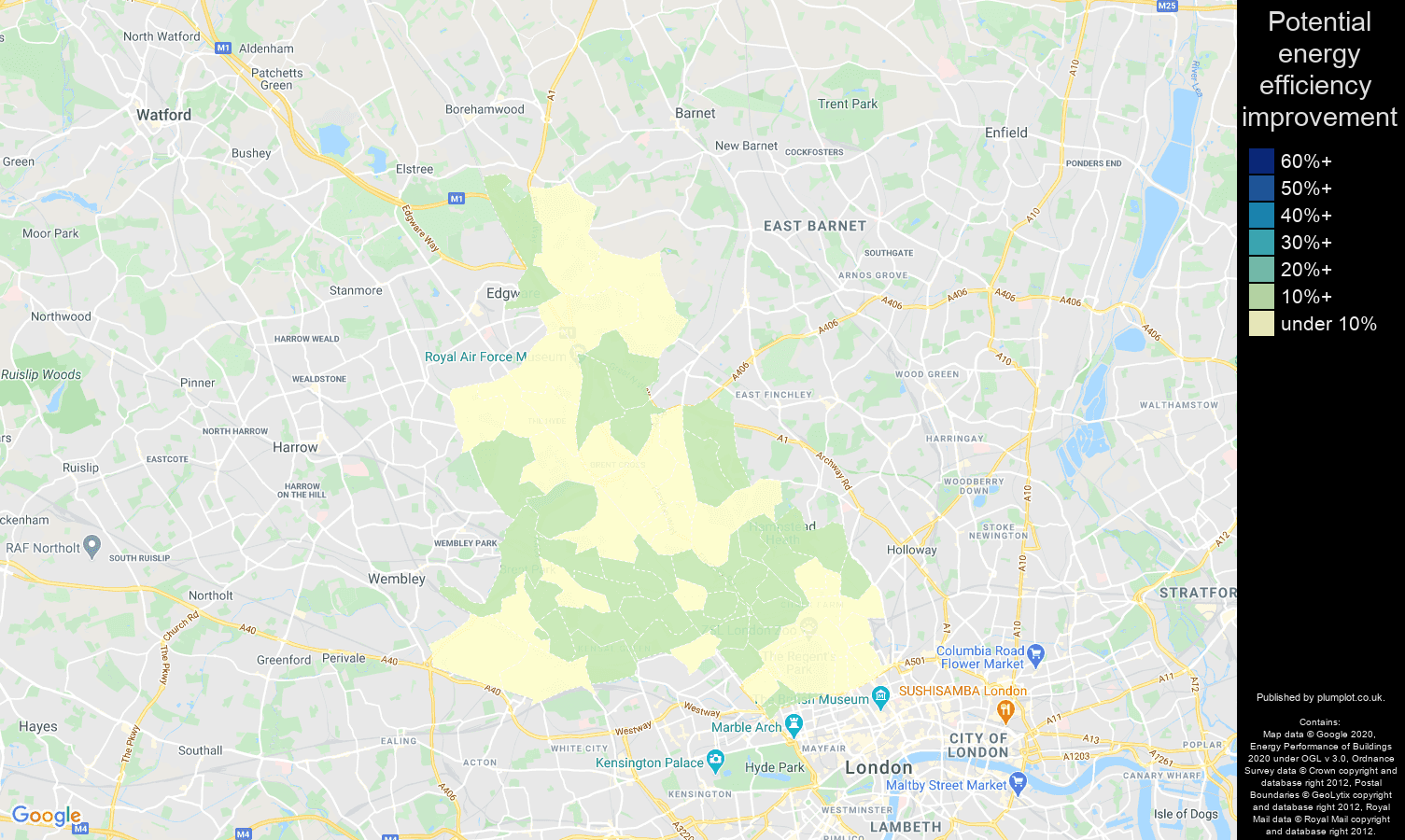 North West London map of potential energy efficiency improvement of flats