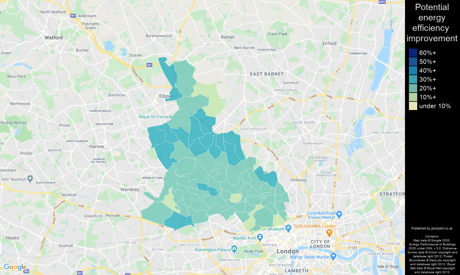 North West London map of potential energy efficiency improvement of houses