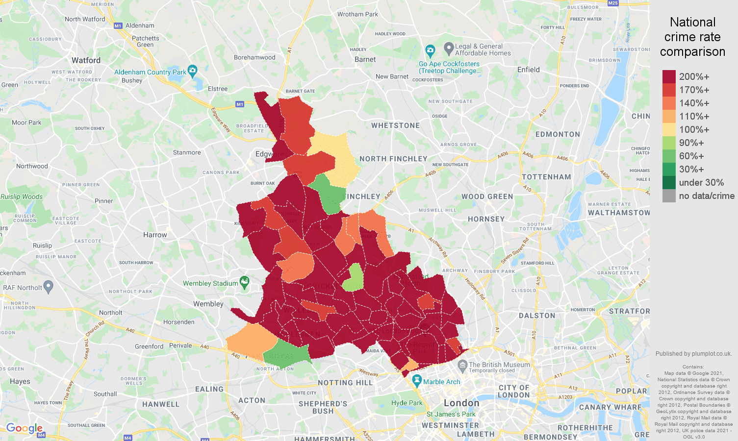 North West London robbery crime rate comparison map