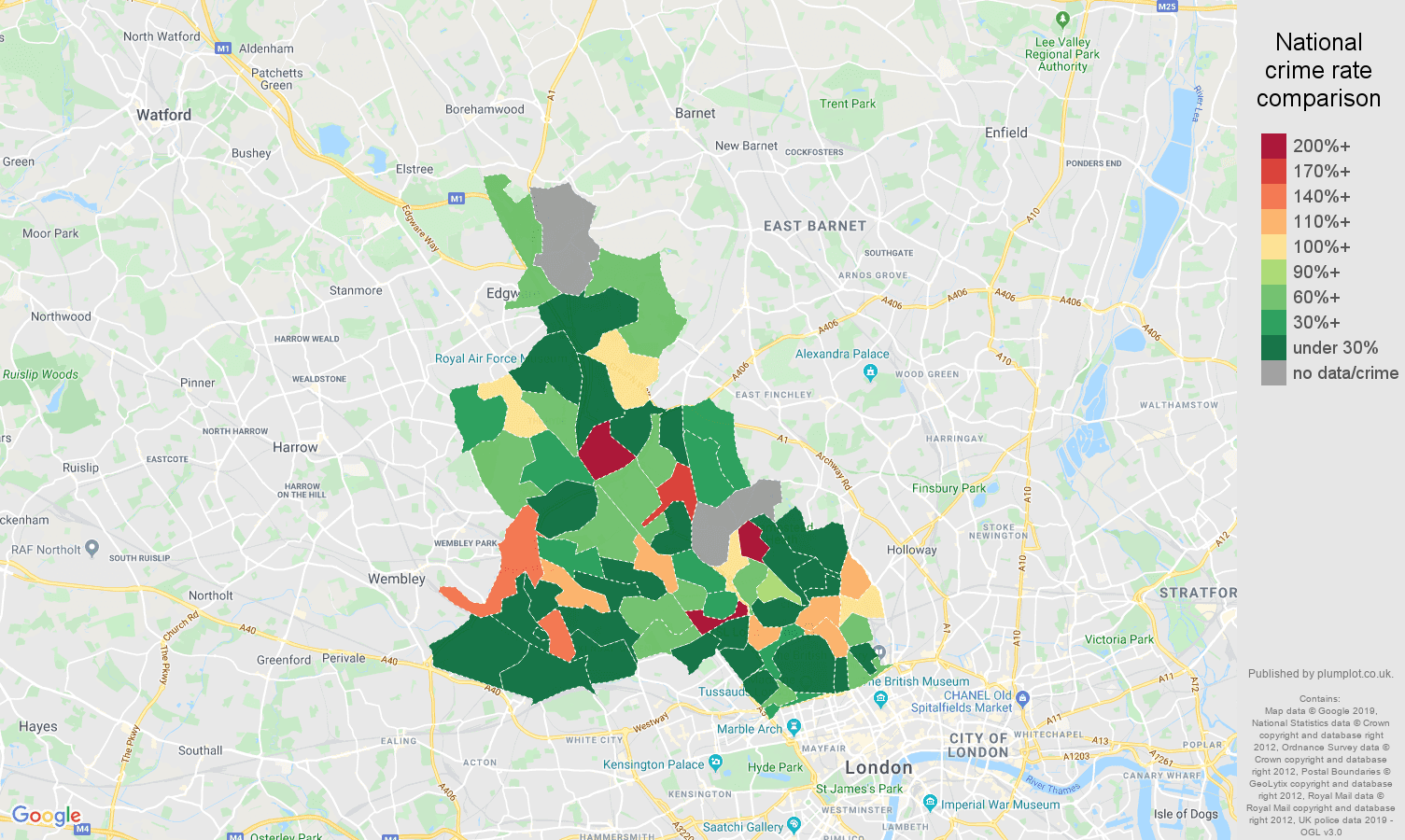 North West London shoplifting crime rate comparison map
