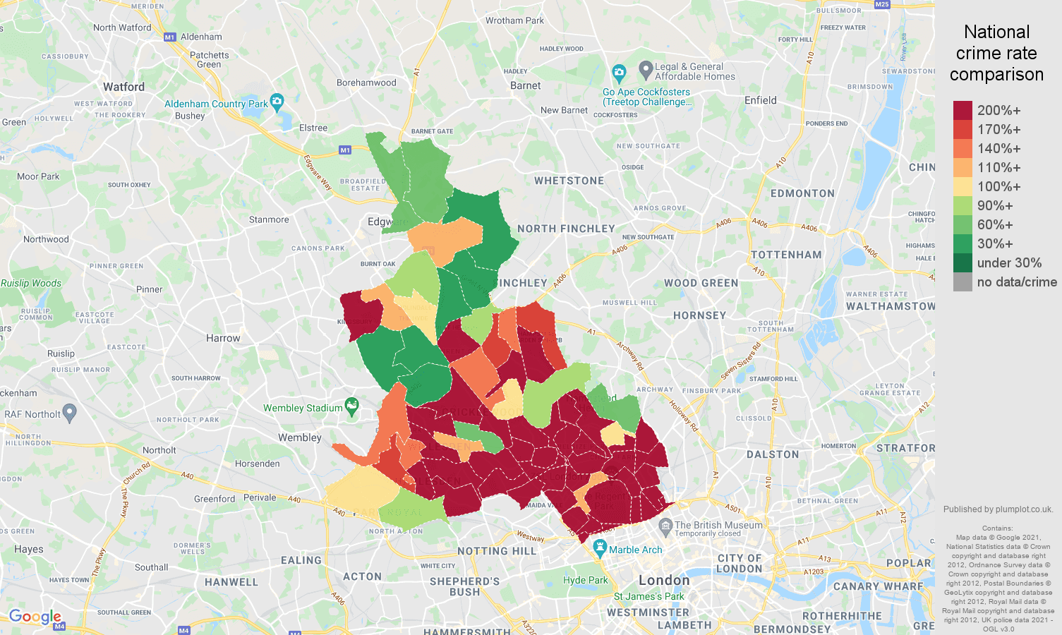 North West London theft from the person crime rate comparison map