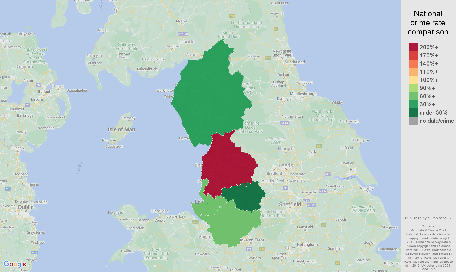 North West antisocial behaviour crime rate comparison map