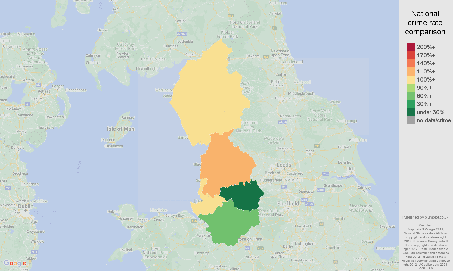 North West possession of weapons crime rate comparison map