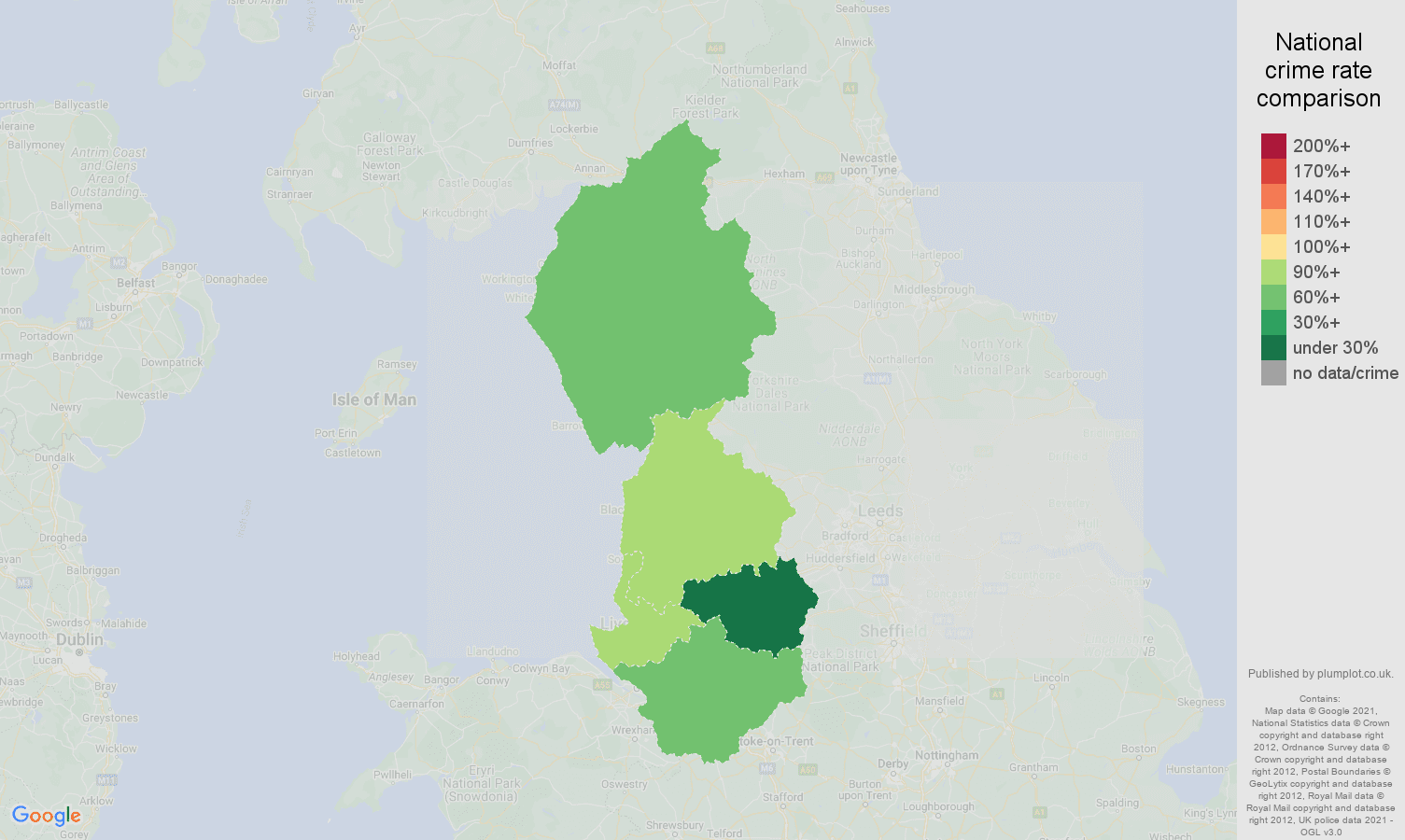 North West shoplifting crime rate comparison map