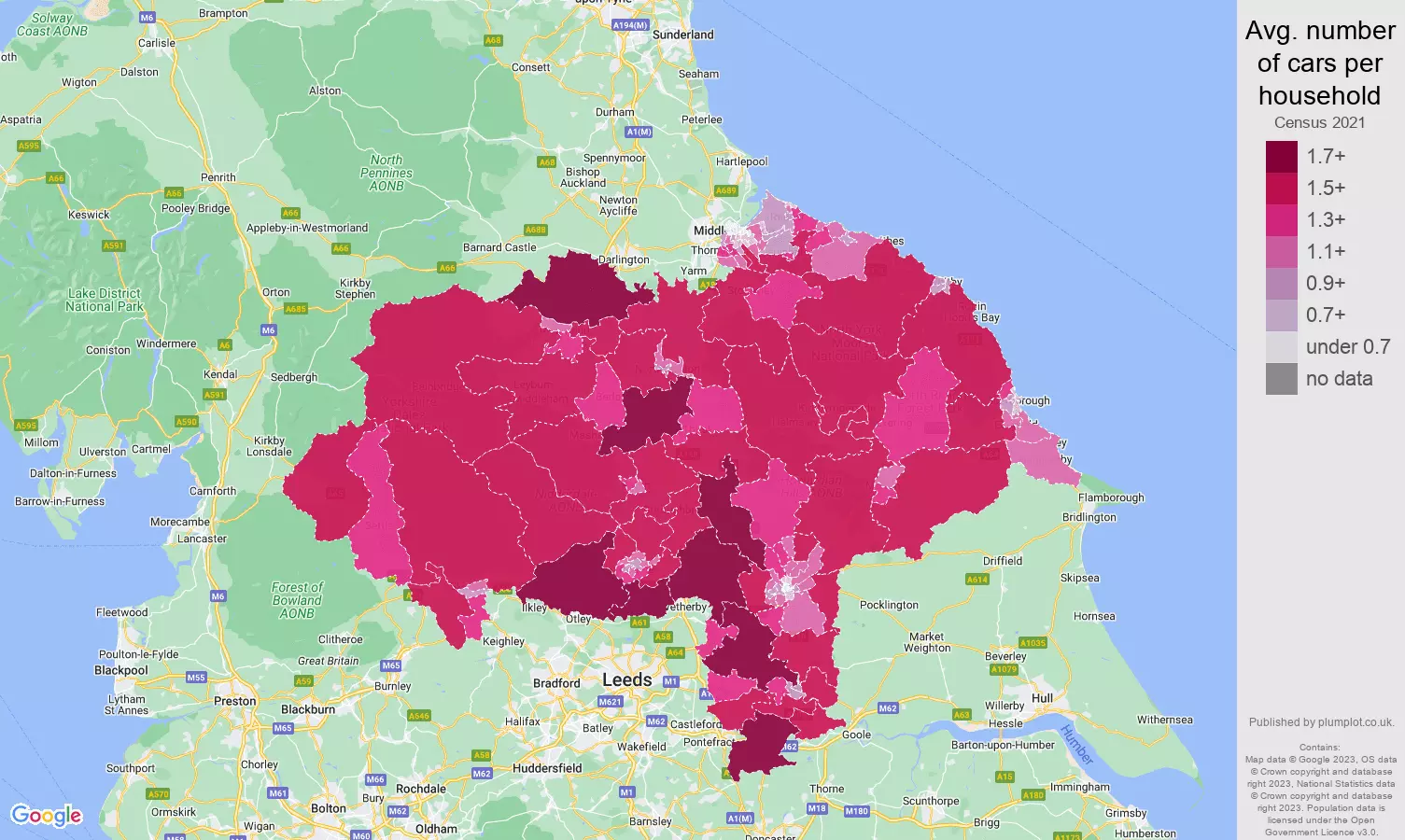 North Yorkshire cars per household map