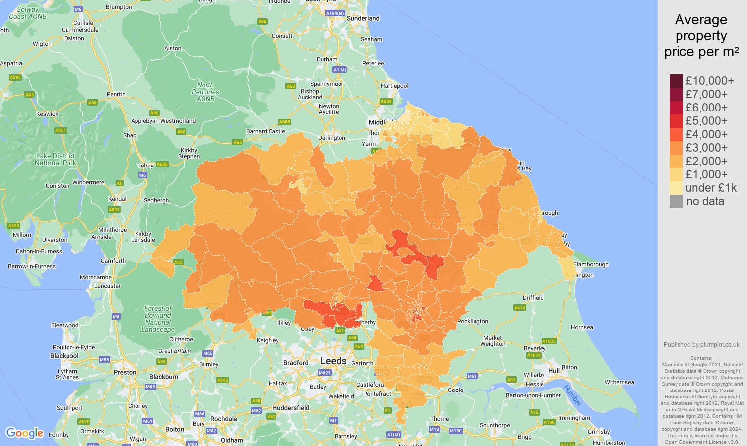 North Yorkshire house prices per square metre map