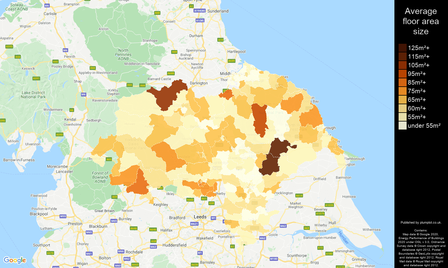 North Yorkshire map of average floor area size of flats