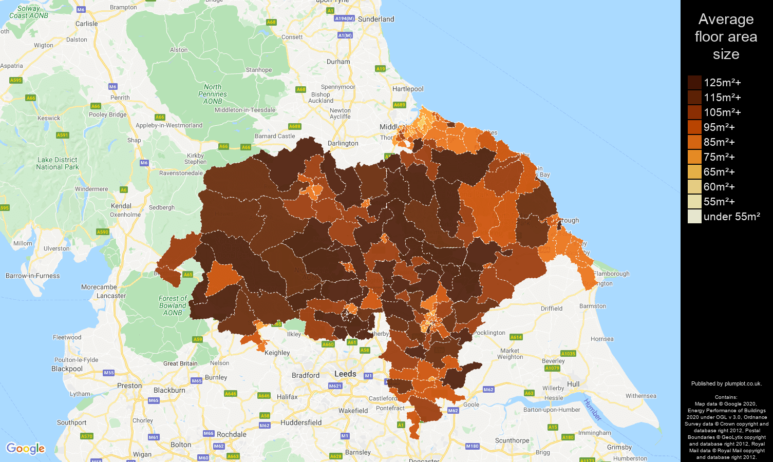 North Yorkshire map of average floor area size of houses