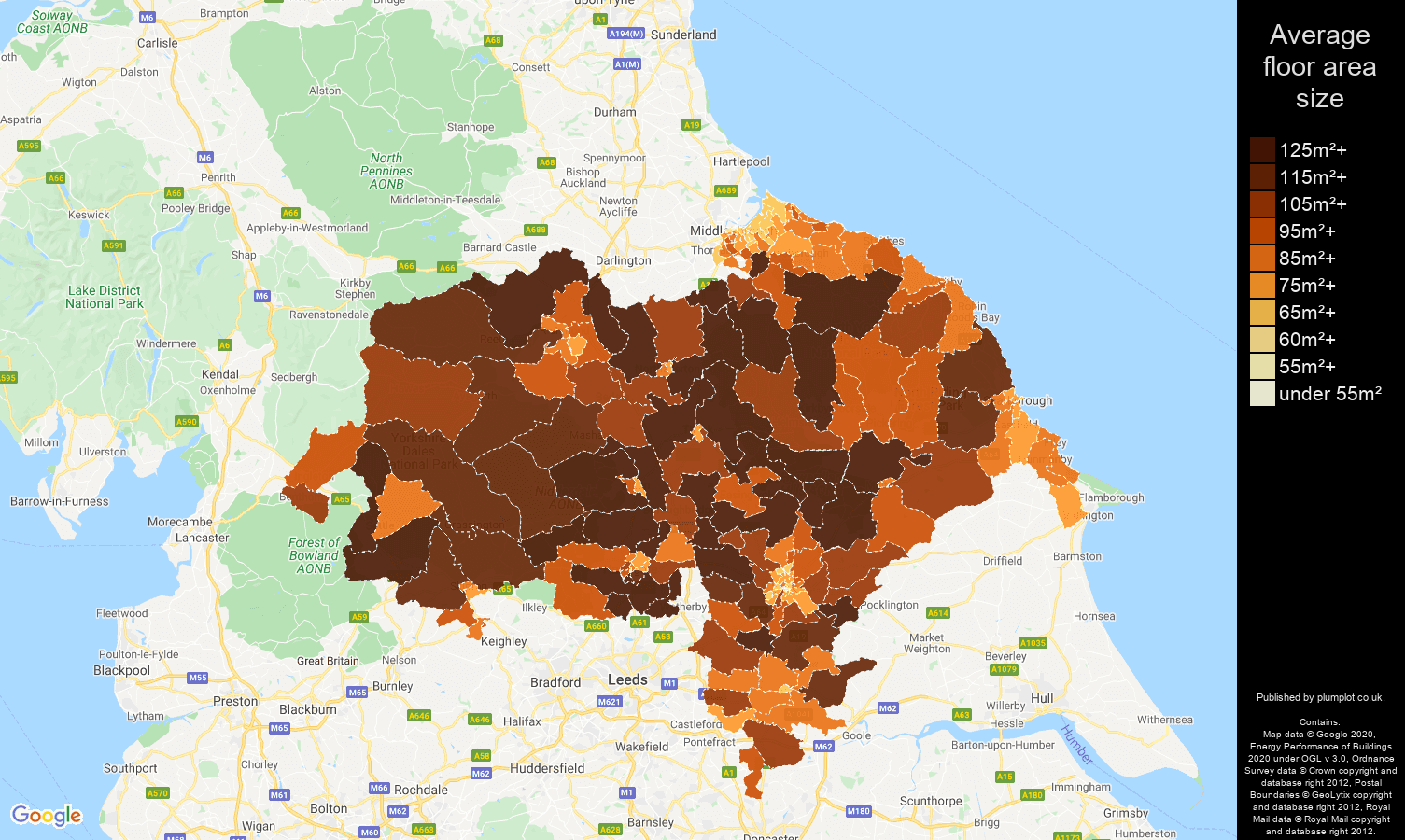 North Yorkshire map of average floor area size of properties
