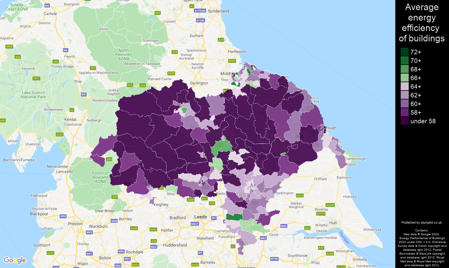 North Yorkshire map of energy efficiency of houses
