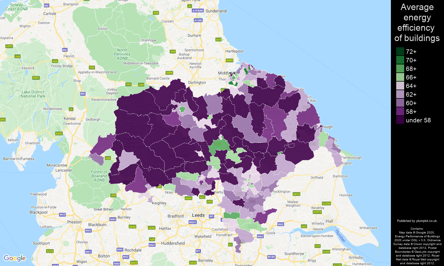North Yorkshire map of energy efficiency of properties