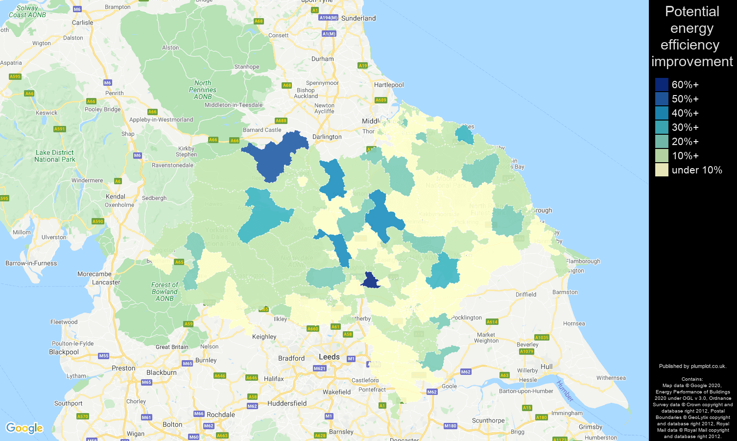North Yorkshire map of potential energy efficiency improvement of flats