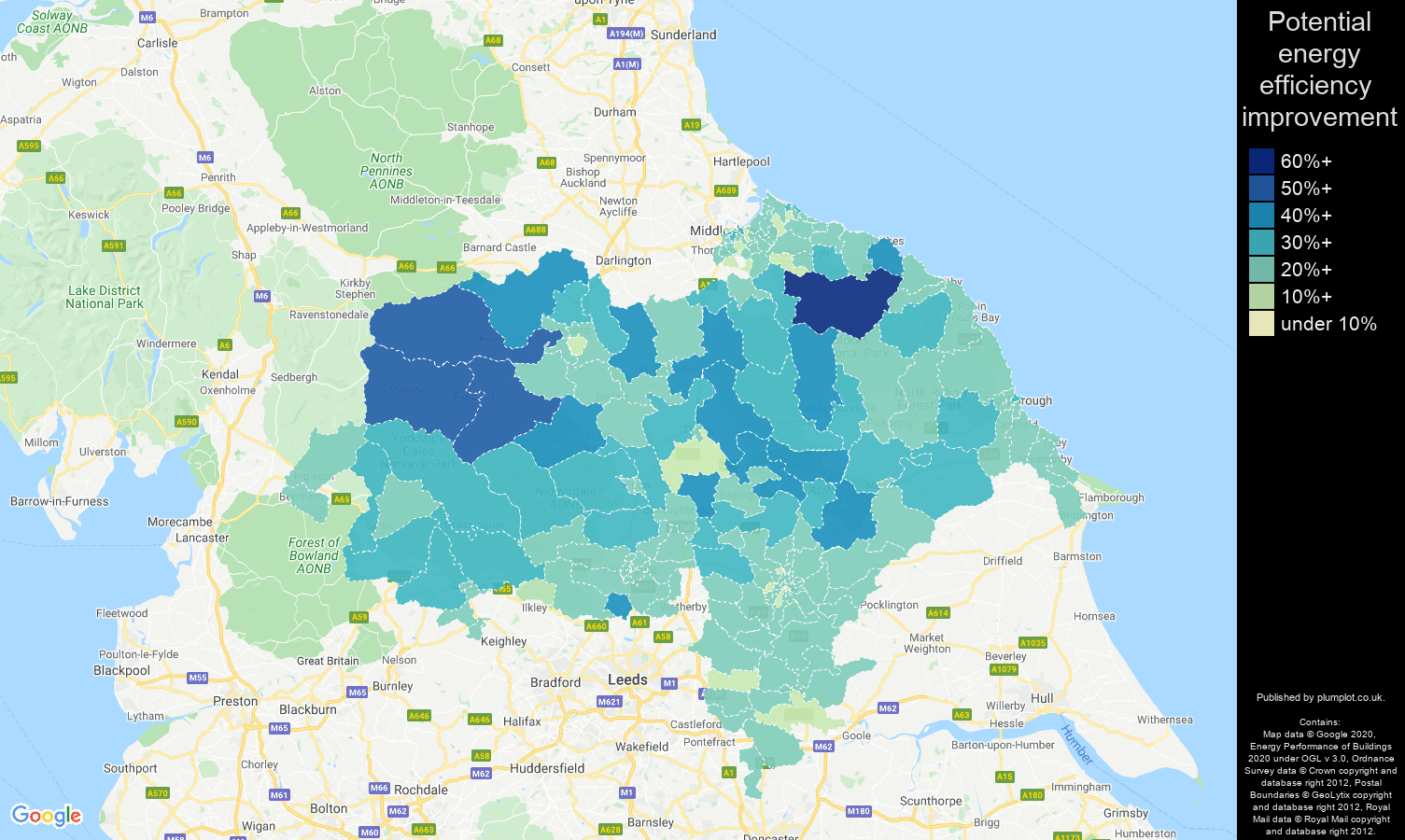 North Yorkshire map of potential energy efficiency improvement of houses